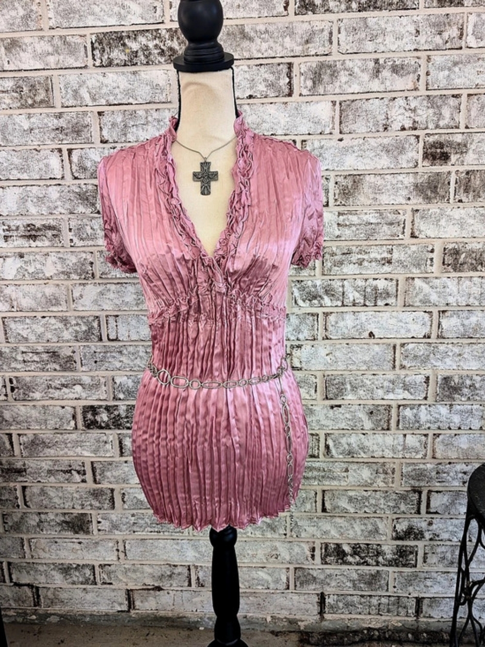 vintage Y2K satin bodycon ruched pink vneck top